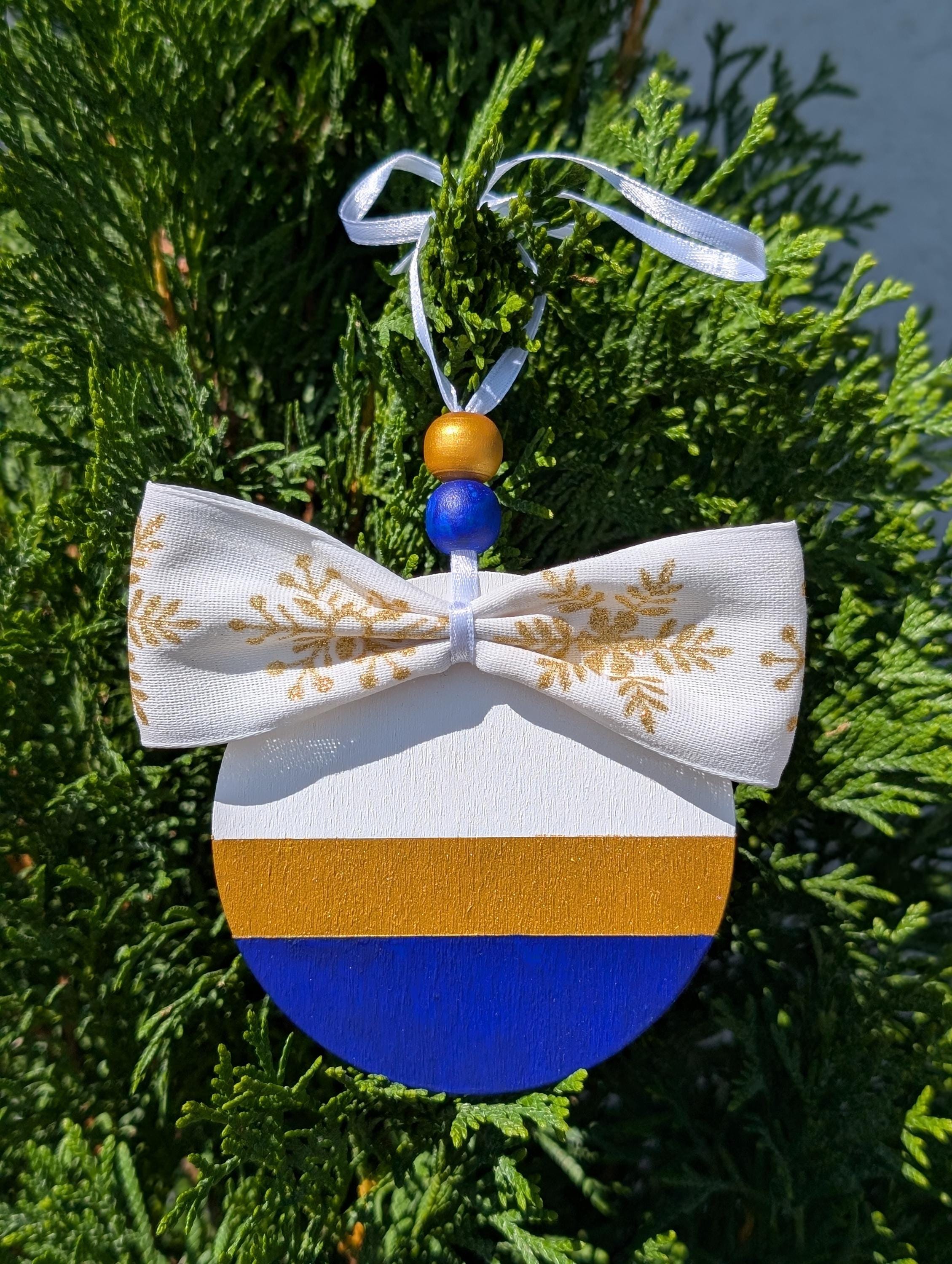 Handmade Scandinavian Christmas Ornament: Gold & Green Wooden Decor, Acrylic Paint, Bow, Wooden Bauble, Wooden Beads, Satin Ribbon, Varnish, 2026