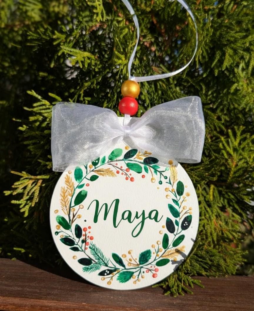 Personalized Hand Painted Christmas Ornament: Hand-Painted Wreath Design, Acrylic Paint, Bow, Varnish, Satin Ribbon, Wooden Beads, Wooden Bauble, 2026