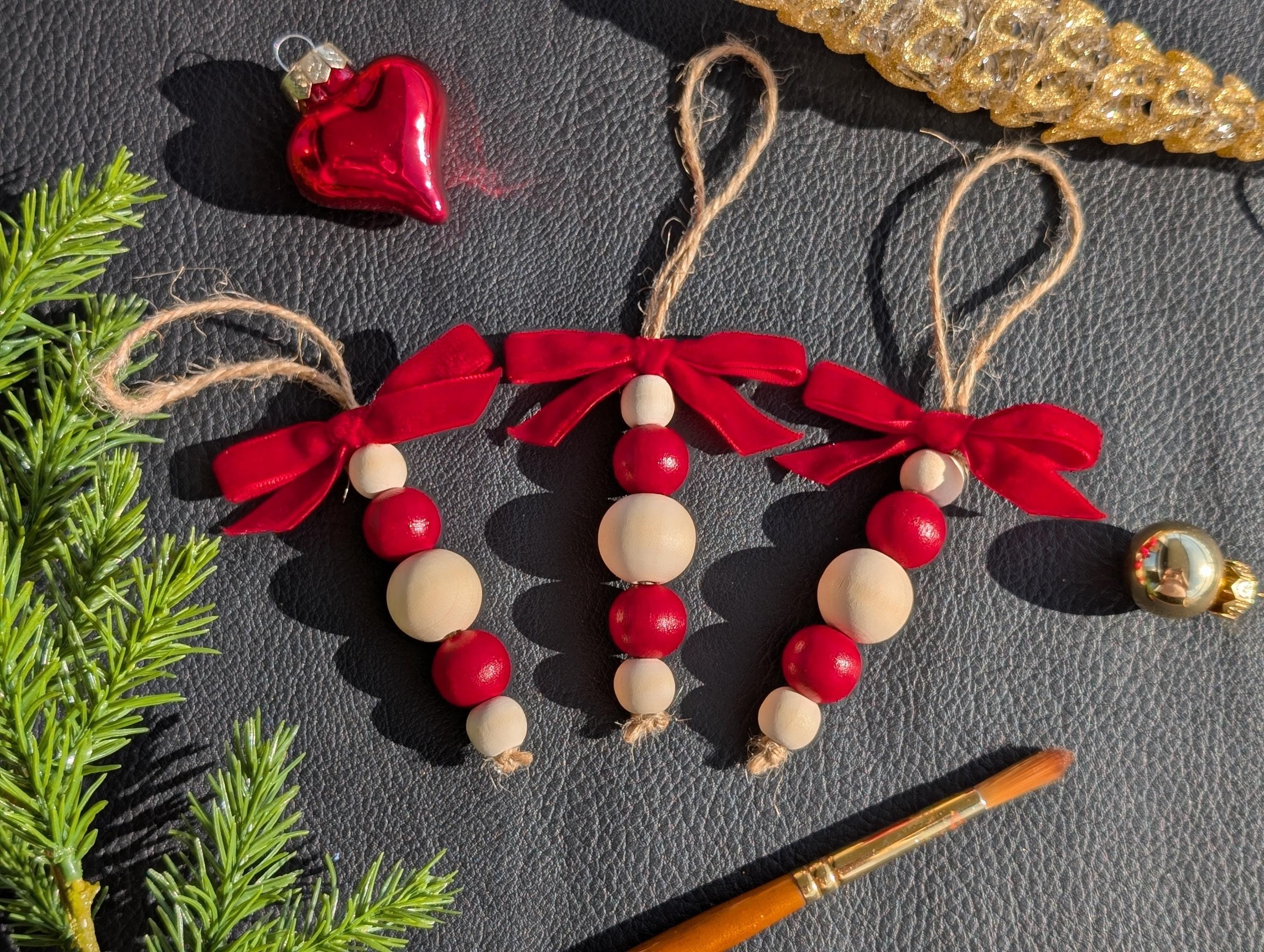 Hand Painted Scandinavian Christmas Ornament, Gold & Red Holiday Decor, Wood, Acrylic Paint, Bow, Ribbon, Beads, 2026
