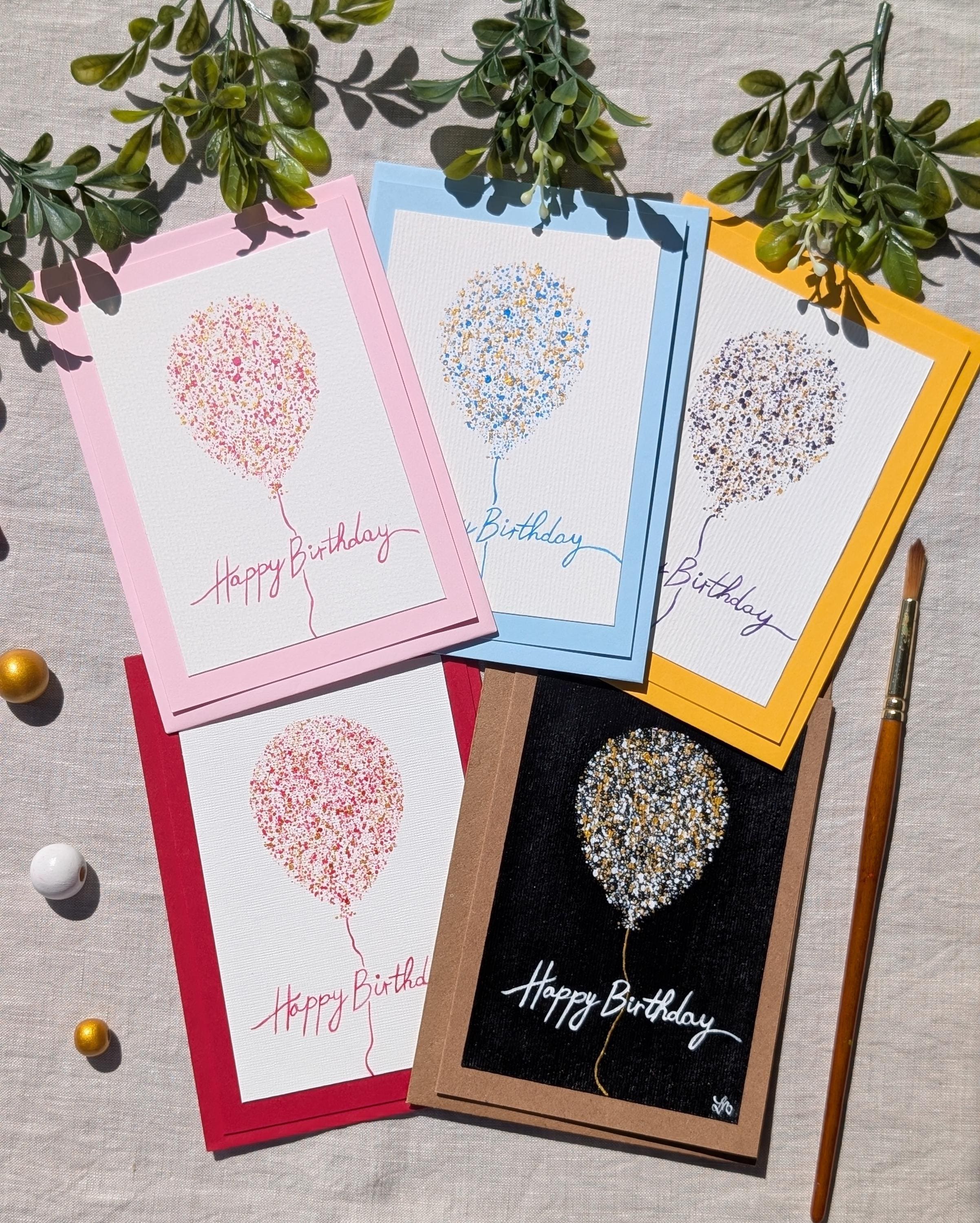 Hand Painted Balloon Birthday Card, Colorful Splatter Art Greeting, Modern Calligraphy Gift, Premium Card and Envelope, Premium Paper for Acrylics, Professional Acrylics Paints, 2026