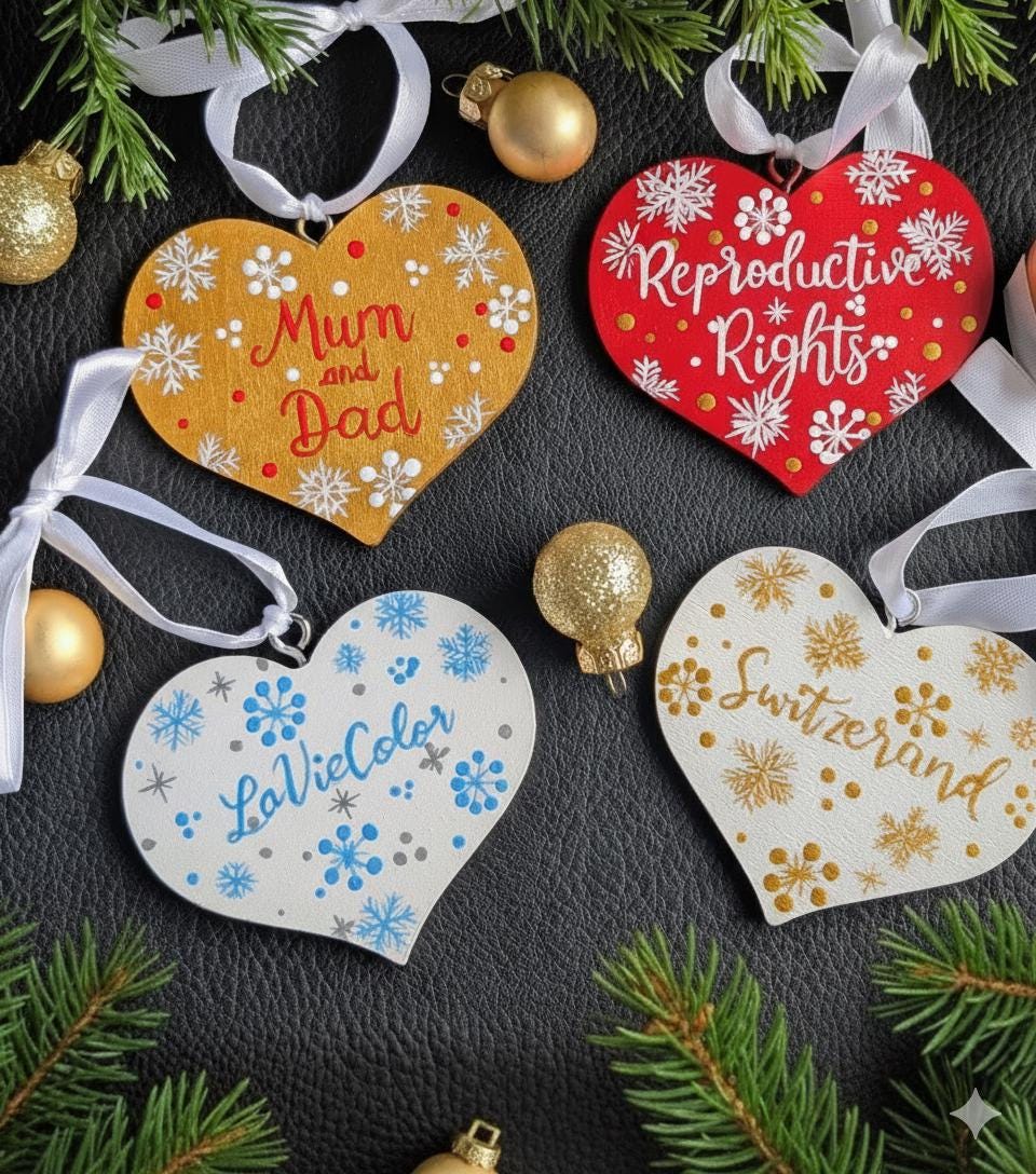Personalized Christmas Heart Ornaments: Hand Painted Wooden Holiday Decor, Wood Heart, Acrylics Paint, Varnish, Satin Ribbon, 2026