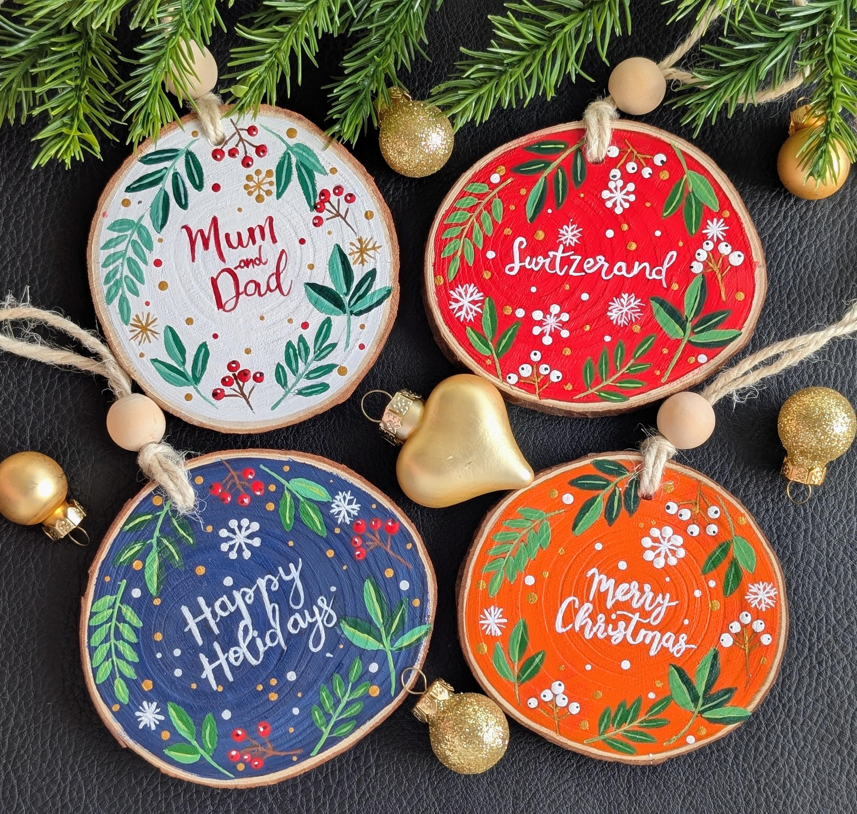 Personalized Hand-Painted Wooden Christmas Ornament: Rustic Farmhouse Decor, Twine Loop, Wood Beads, Wood Slice, Acrylic Paint, Varnish, 2026