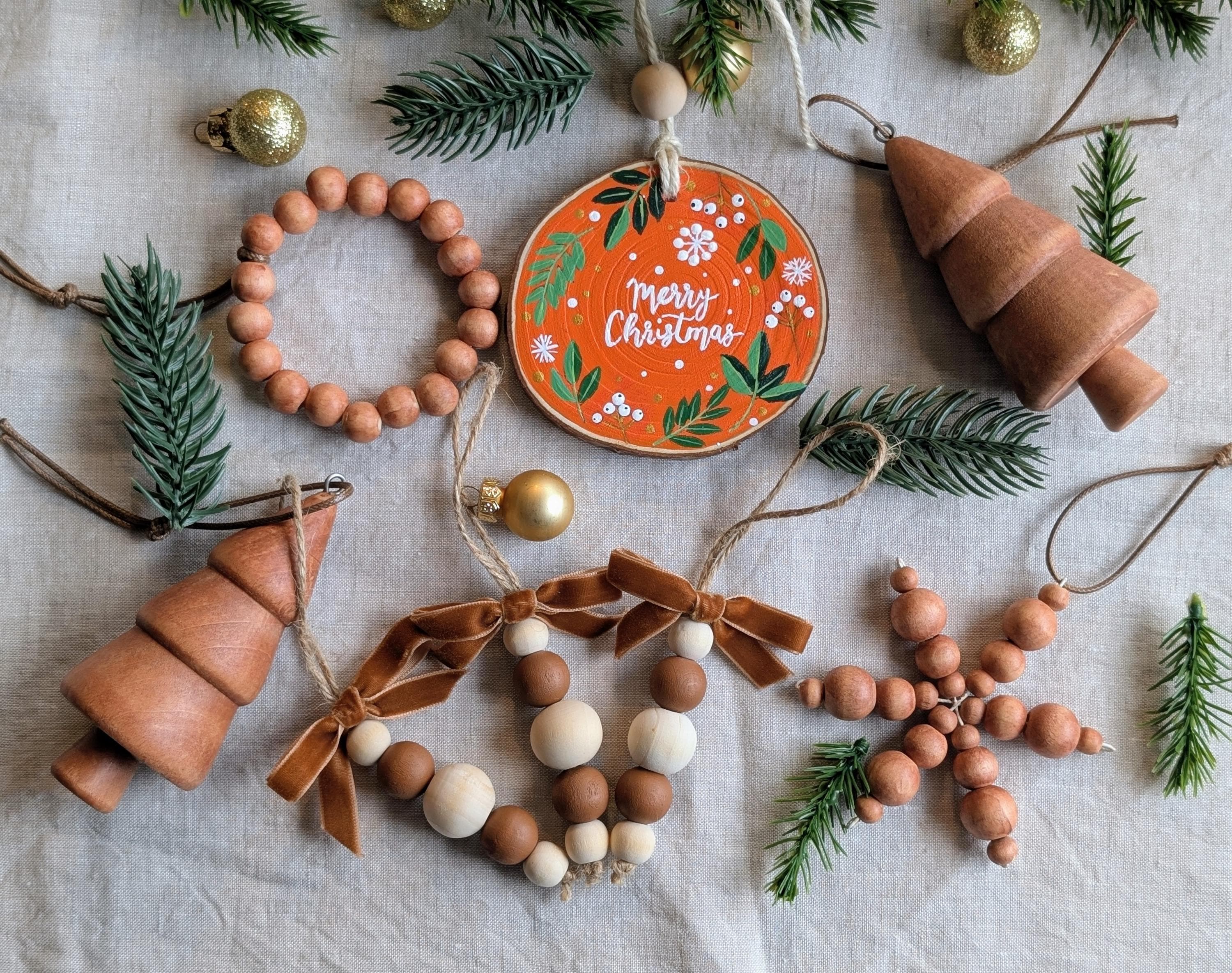 Hand Painted Christmas Ornaments Set of 8 : Rustic Wooden Decor, Orange - Brown Accents, Acrylic Paint, Wooden Beads, Wood slice, Velvet Bow, Twine Loop, Varnish, 2026