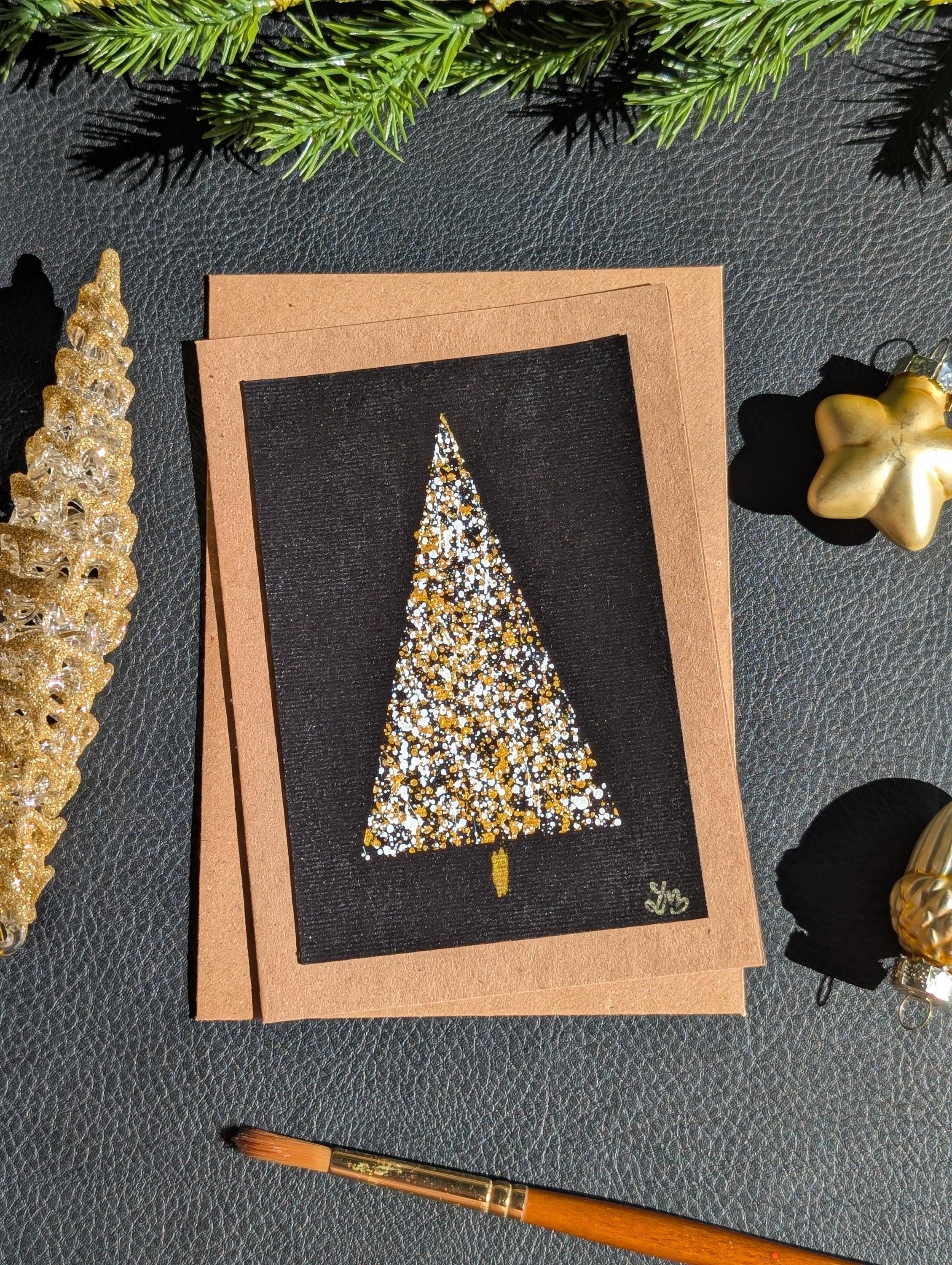 Handmade Christmas Tree Card , Black & Gold, Minimalist Holiday Greeting Card, Acrylic Paint, Card and Envelope, Premium Paper, 2026