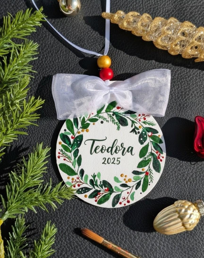 Green Gold Personalized Christmas Wreath Ornament, Hand Painted Wooden Gift, Acrylic Paint, Satin Ribbon, Wooden Ornament, Varnish, Wood Beads, Bow, 2026