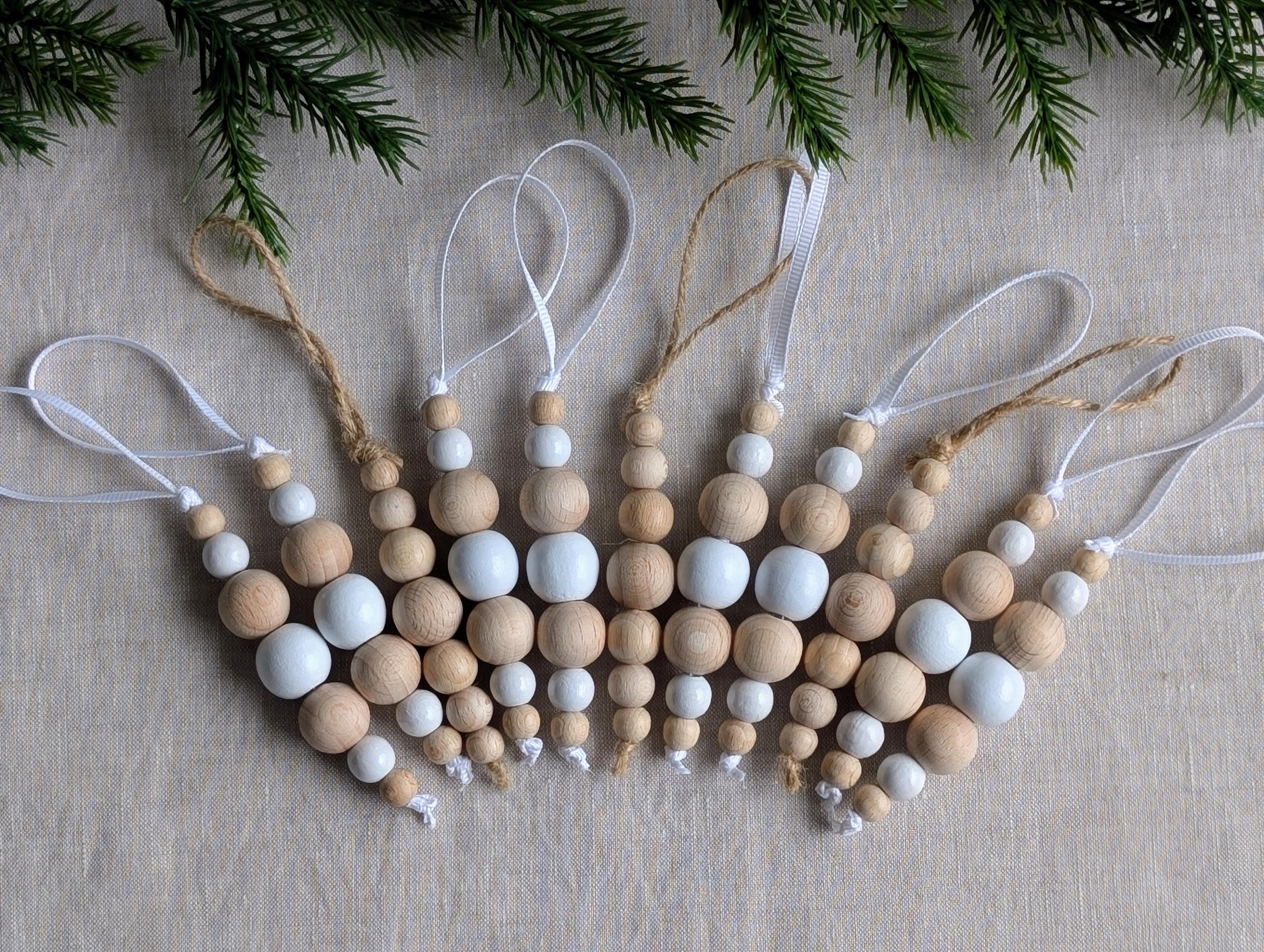 Handmade Beads Christmas Ornament Set of 11, Boho Christmas Tree Decor, Twine Loop, Wooden Beads, Cotton Ribbon, 2026
