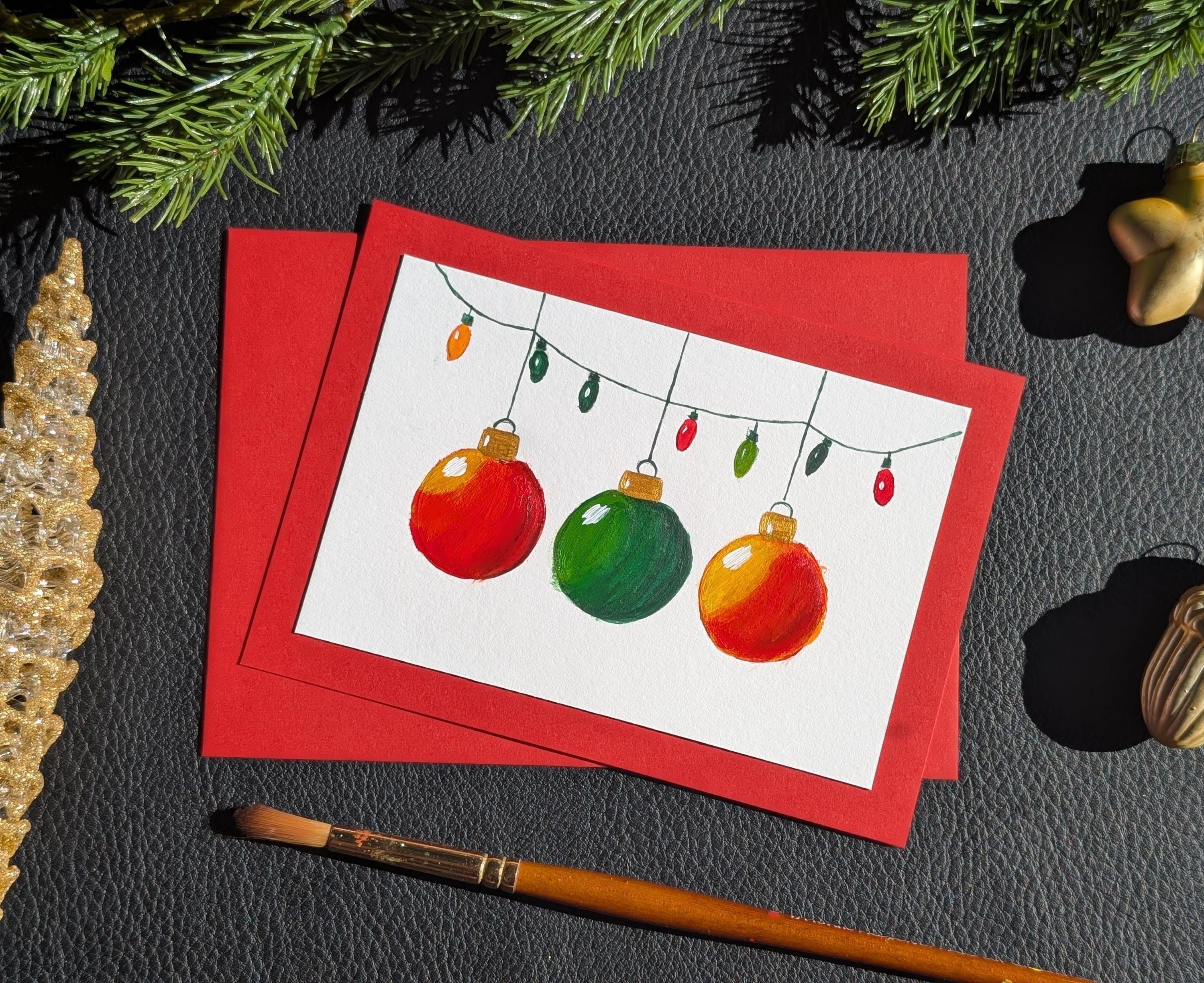 Handpainted Christmas Baubles Card , Red and Green Holiday Greeting Card, 2026