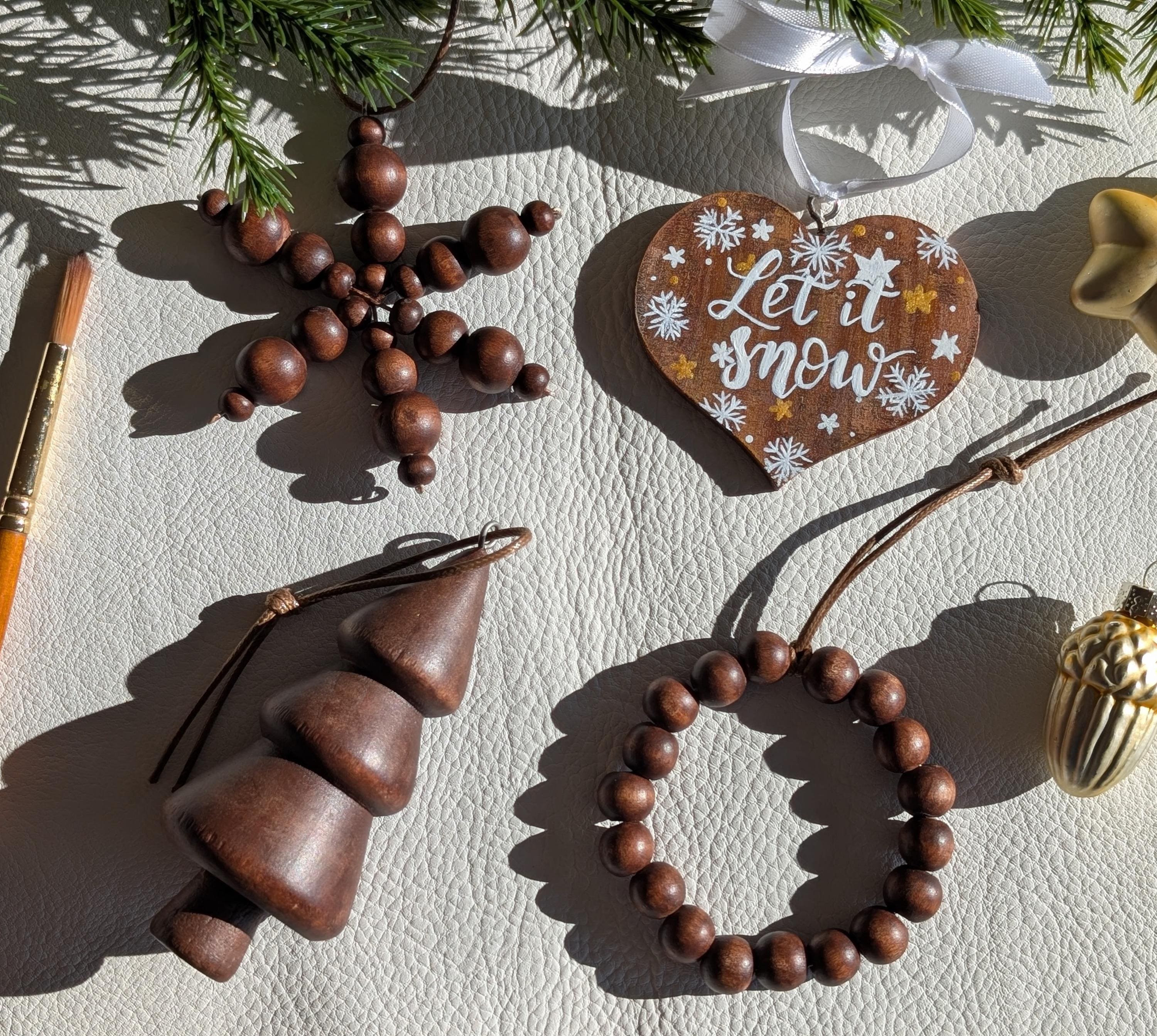 Hand-Painted Wooden Christmas Ornament Set, Cottage Core Decor (4 Piece), Acrylic Paint, Wood, Ribbon, Beads, Varnish, 2026