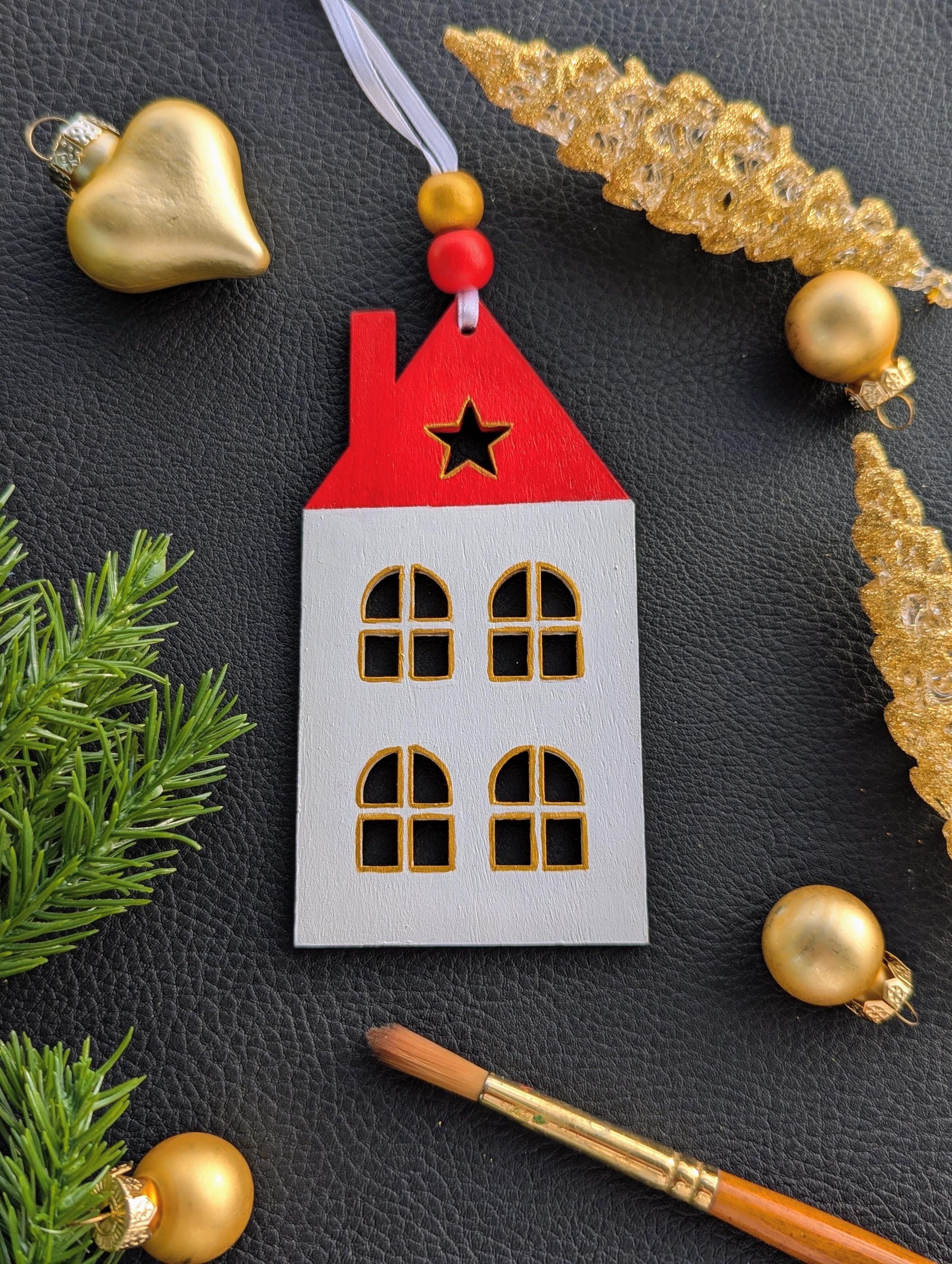 Hand Painted Gingerbread House Ornament: Red-White-Gold Scandinavian Christmas Wood Decoration, Acrylic Paint, Wooden Bead, Wooden House, Varnish, Satin Ribbon, 2026