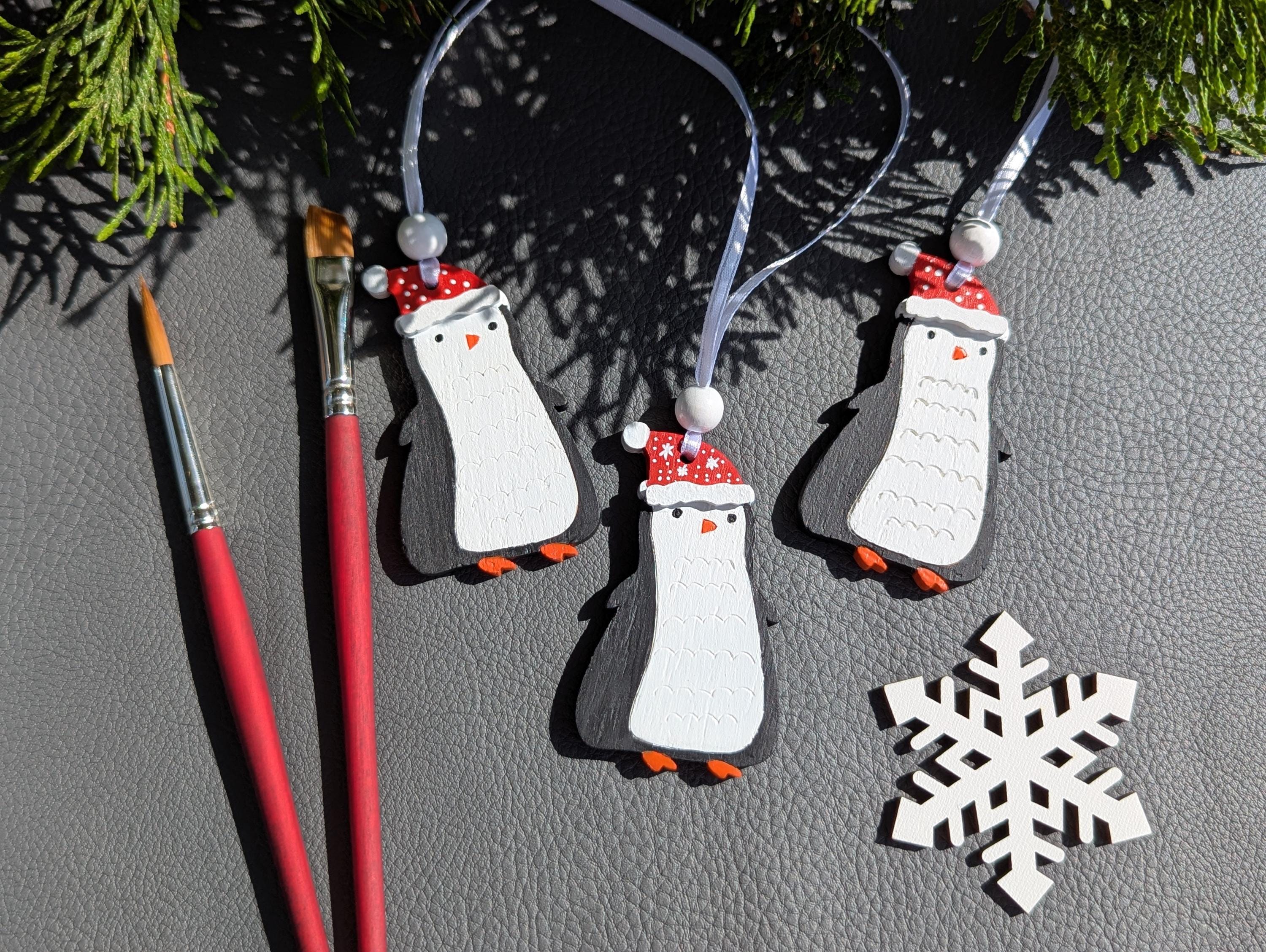 Handpainted Penguin Christmas Ornament Set of 3: Hand Painted Wooden Tree Decoration, Acrylic Paint, Wooden Pinguin Ornament, Wooden Beads, Satin Riboon, Varnish, 2026