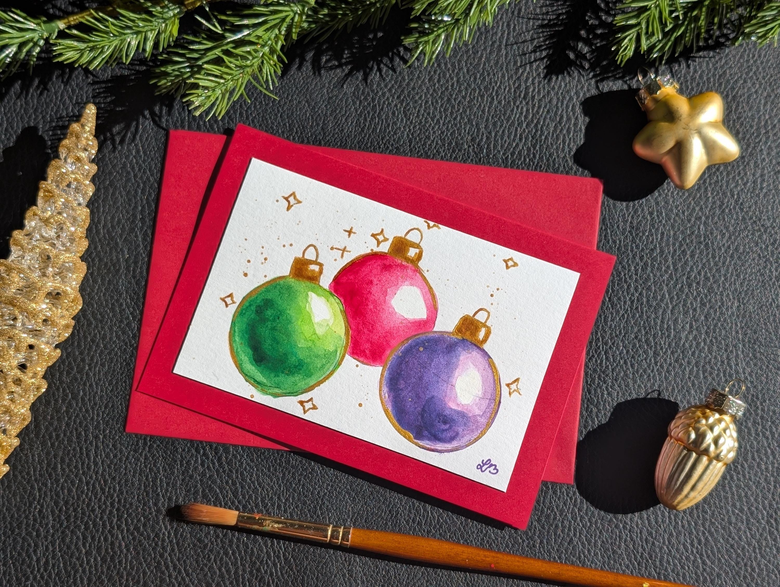 Handpainted Watercolor Christmas Baubles Card, Red, Gold, Stars, 2026