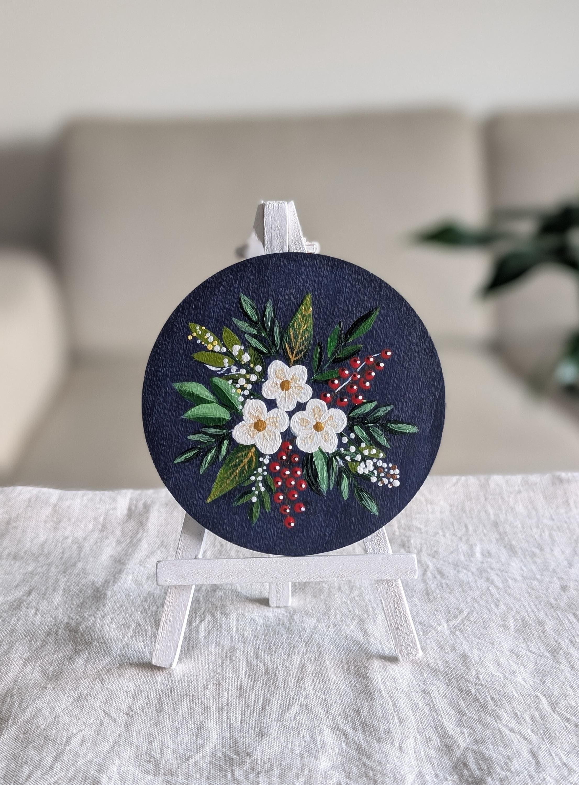 Hand-Painted Floral Wood Ornament, Navy Blue Botanical Art (9.5 cm Diameter), 2026