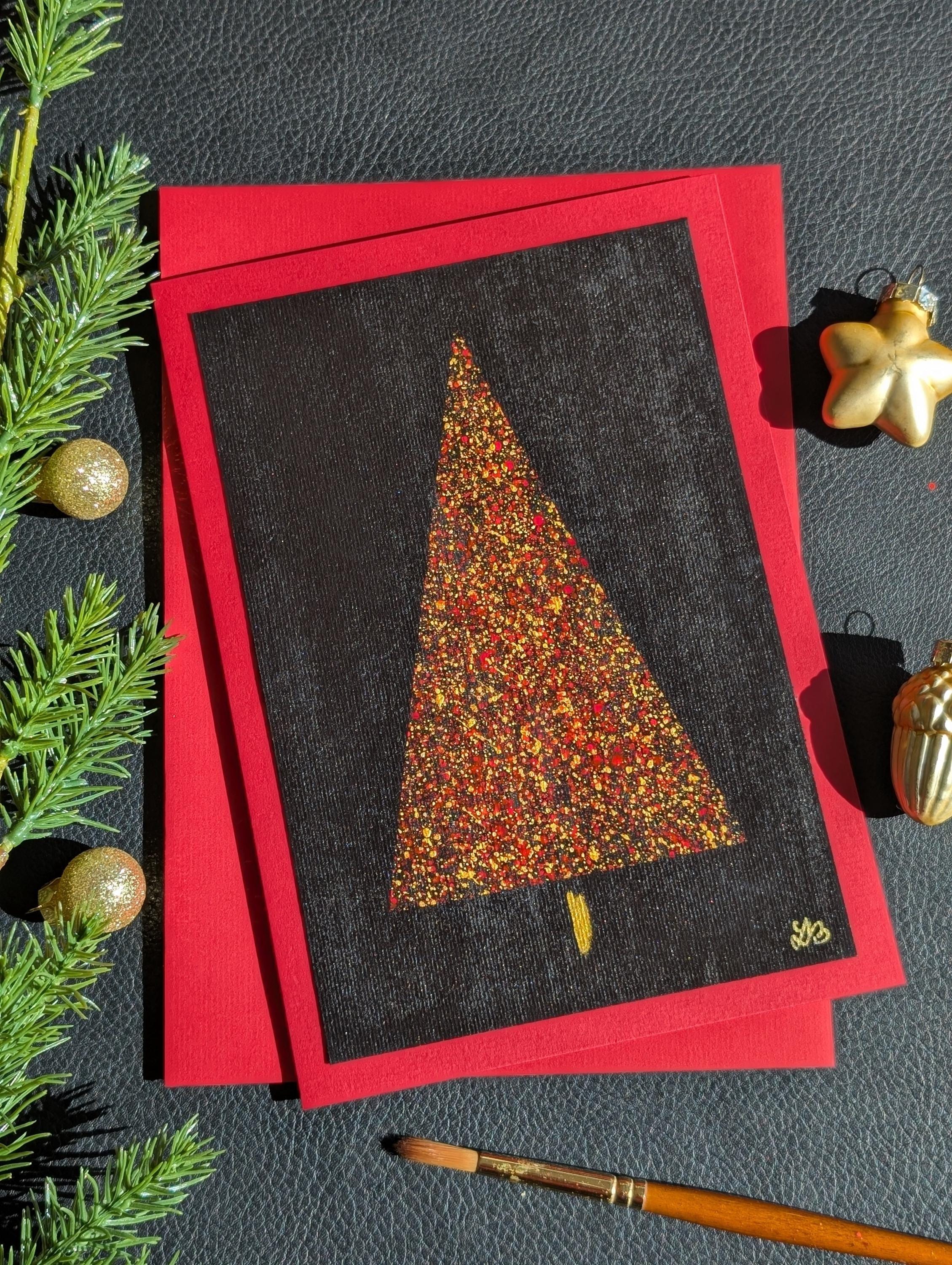 Hand Painted Black, Red & Gold Christmas Tree Card, Modern Holiday Greeting Card (A5), 2026